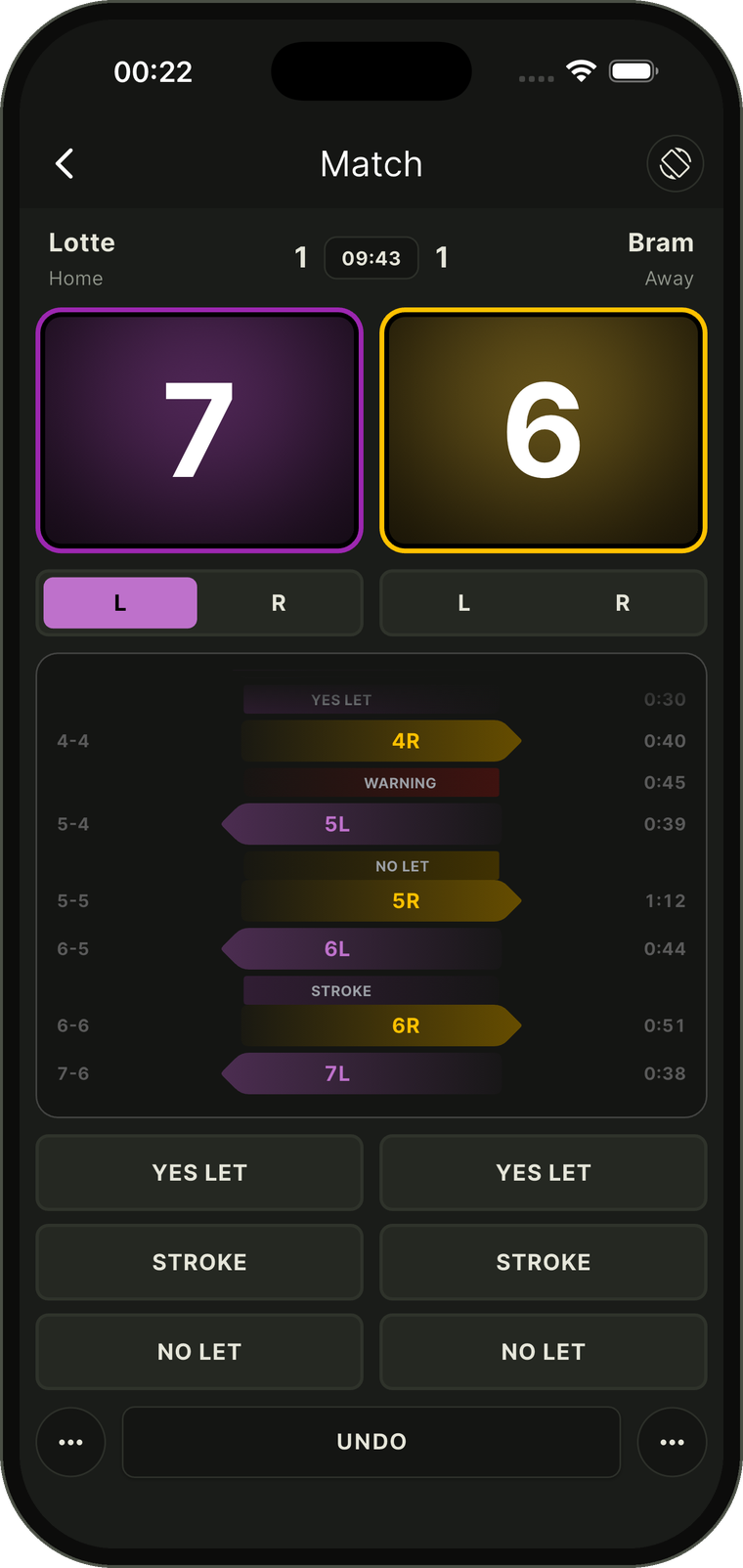 Match screen with lets, strokes and a warning logged in the rally history