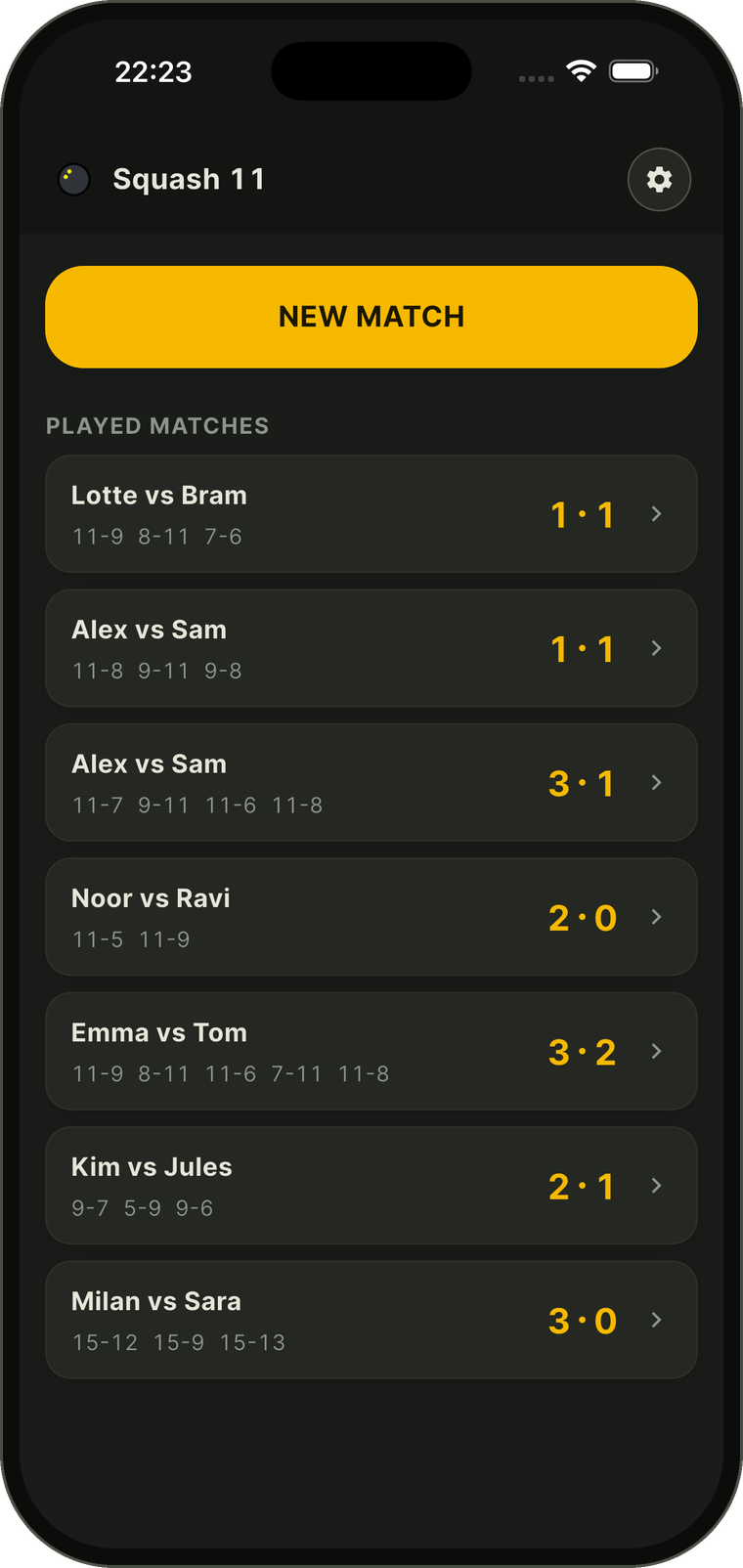 Home screen with a list of played matches and their game scores