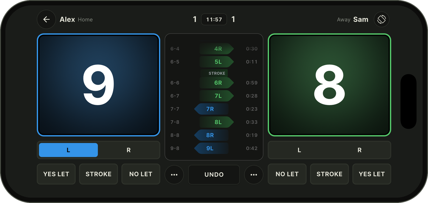 Squash 11 in landscape mode with large scores on both sides
