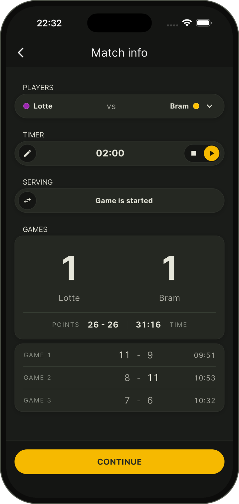 Match info screen with players, timer, game scores and durations