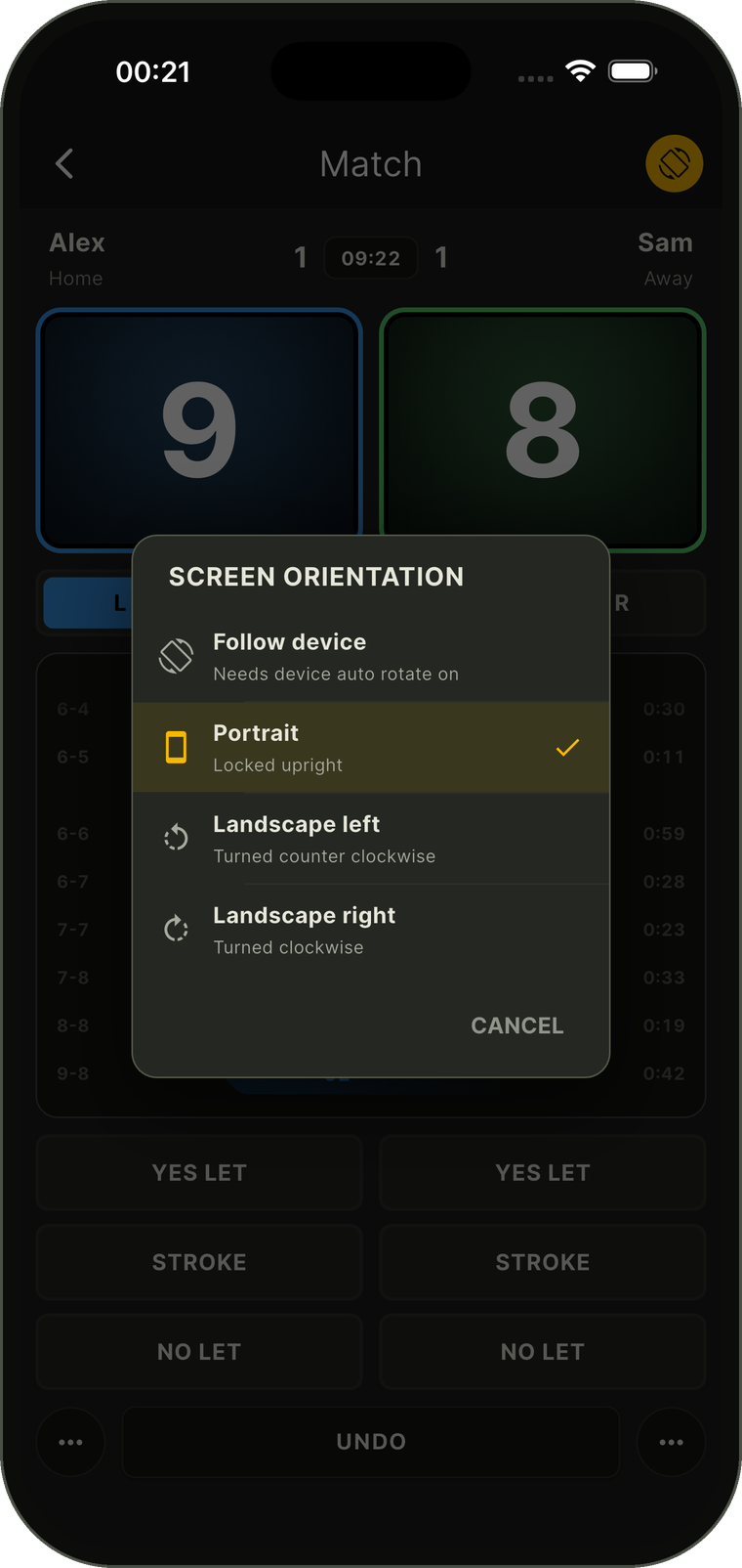 Screen orientation menu with follow device, portrait and landscape options