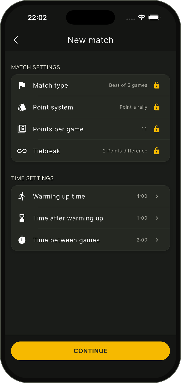 New match settings with match type, point system, points per game, tiebreak and timers